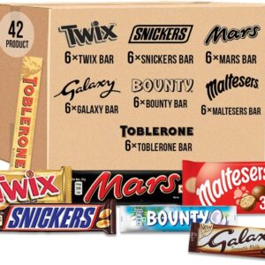 Toblerone, Mars, Bounty, Snickers, Twix, Maltesers, Galaxy